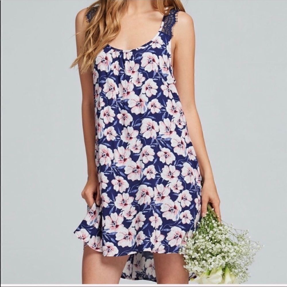 NWT Listicle Blue Pink Floral Lace High Low Dress Bohemian Casual Sexy Summer